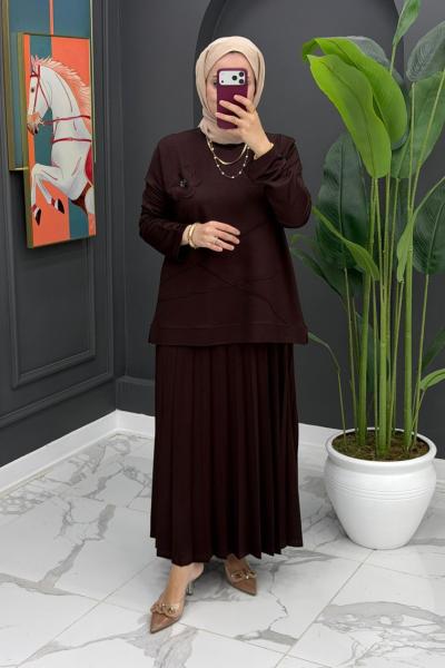 Çiçek Detaylı Etekli Takım - Kahve