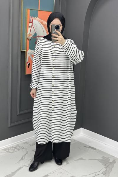 Çizgili Uzun Fitilli Takım - Beyaz