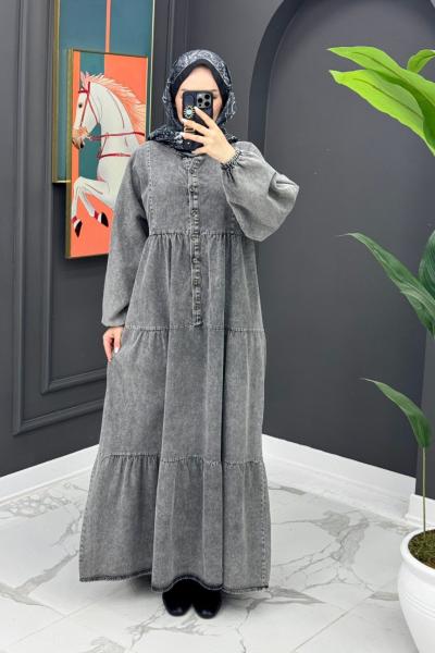 Düğmeli Kot Elbise - Siyah