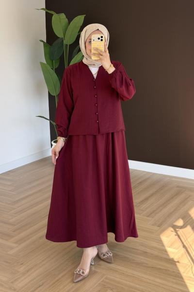 Zenan Düğmeli Etekli Takım - Bordo