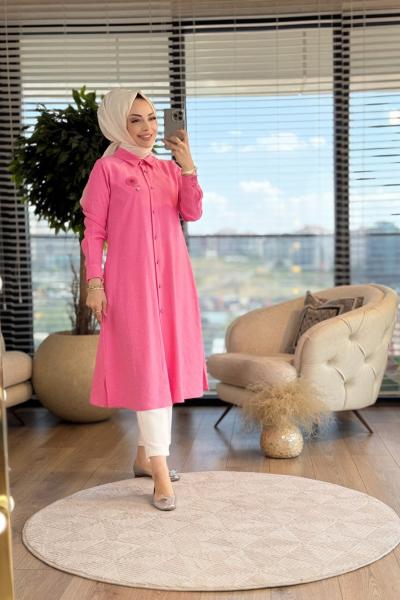 01-1294 Ön Düğmeli Uzun Tunik Pembe