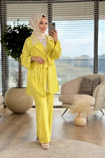 02-2096 Yakası Tül Üstü Boncuk İşlemeli Takım Asit