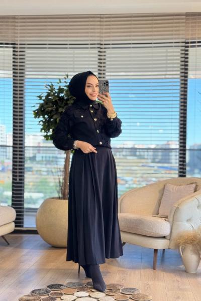 02-2663 Kol Ve Sağ Taraf Dantelli Takım Siyah