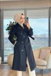 06-1125 Kolları Nakışlı Kaşe Kaban Siyah