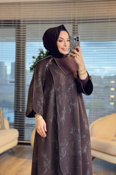 06-1157 Üst Sim Baskılı Triko Yakalı Elbise Kahve