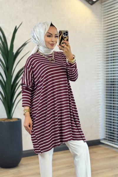 0723 Geniş Çizgili Tunik Mürdüm