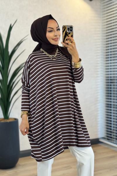 0723 Geniş Çizgili Tunik Koyu Kahve