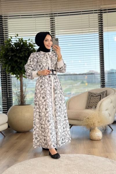 08-1576 Çiçek Nakışlı Ön Düğmeli Elbise Ekru