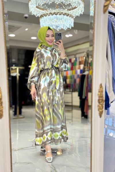 08-1706 Batık Desen Elbise Yeşil