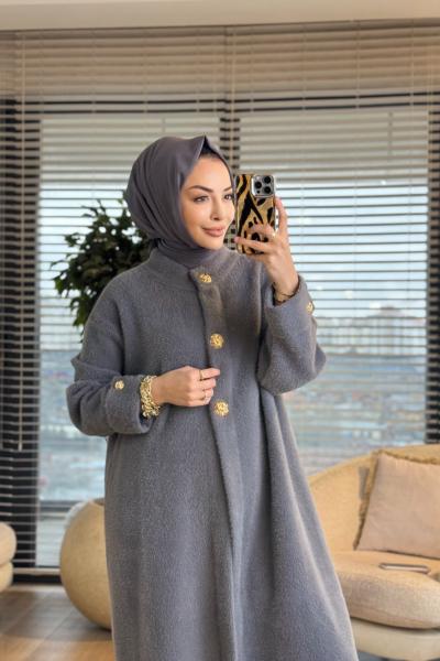 080 Angora Patı Ve Manşeti Düğmeli Kap Antrasit