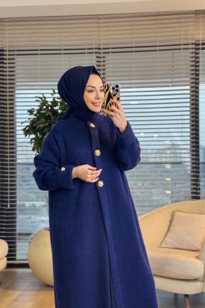 080 Angora Patı Ve Manşeti Düğmeli Kap Lacivert