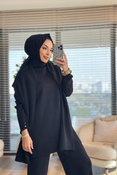 10017 Kolları Düğmeli Şallı Triko Takım Siyah
