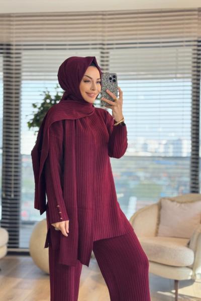 10017 Kolları Düğmeli Şallı Triko Takım Bordo
