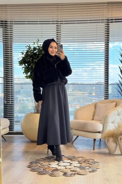 1005183 Kısa Kapşonlu Kürk Mont Siyah