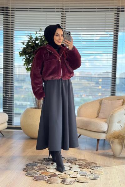 1005183 Kısa Kapşonlu Kürk Mont Bordo