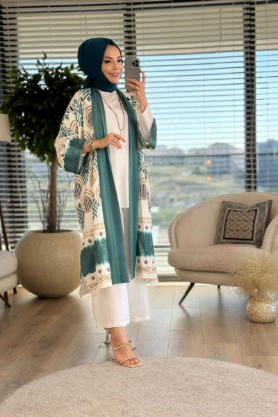 1027 Geometrik Desen Şal Yaka Kap Zümrüt