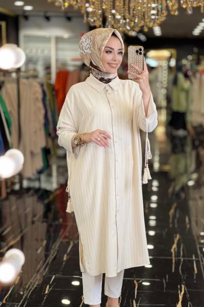 10325 Kendinden Çizgi Kolu Bağcıklı Tunik Bej