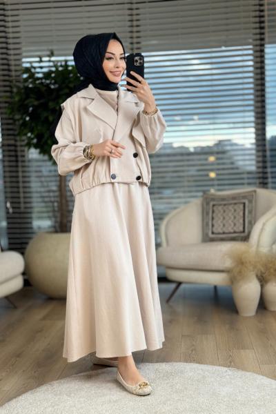10432 Ön Dört Düğme Ceket Etekli Takım Bej