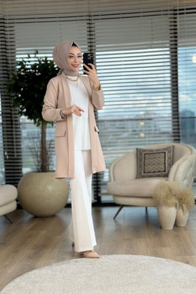 1045 Ön İki Cep Kapaklı Şal Yaka Ceket Bej