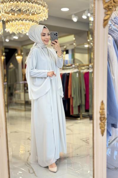 10614 Üst Şifon Omuzları Taş İşli 2li Takım Gri