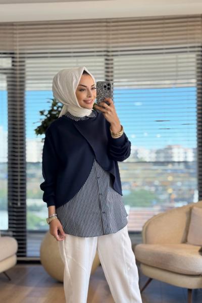 10725 Çizgili Gömlek Üstü Bluzlu Tunik Lacivert
