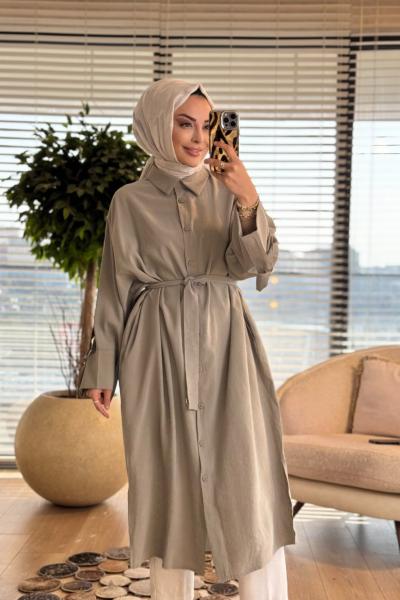 10753 Manşeti Kuşaklı Uzun Ön Düğmeli Tunik Haki