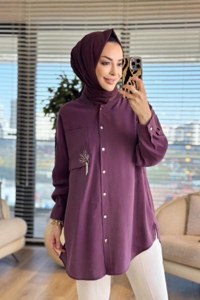 10763 Cep Üstü Broş İşli Gömlek Mürdüm