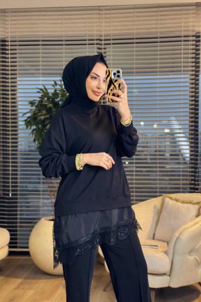 10766 Etek Ucu Dantelli Tunik Siyah