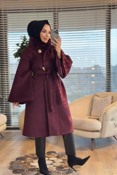 10873 Yakası Kürklü Kaşe Kaban Bordo
