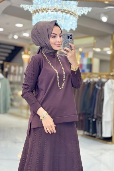 114 Etek Ve Kolu Balık Sırtı Desenli Takım Kahve