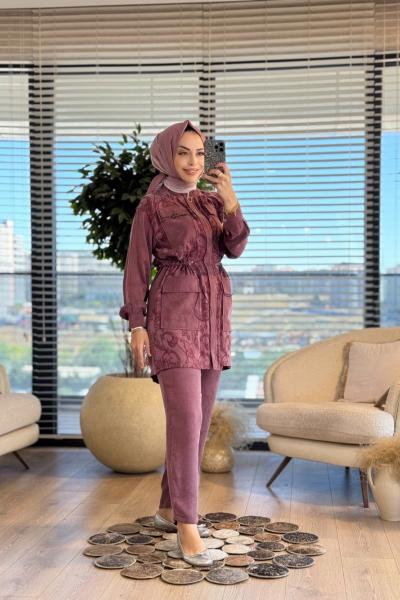 1204 Önü Kendinden Desenli Takım Bordo