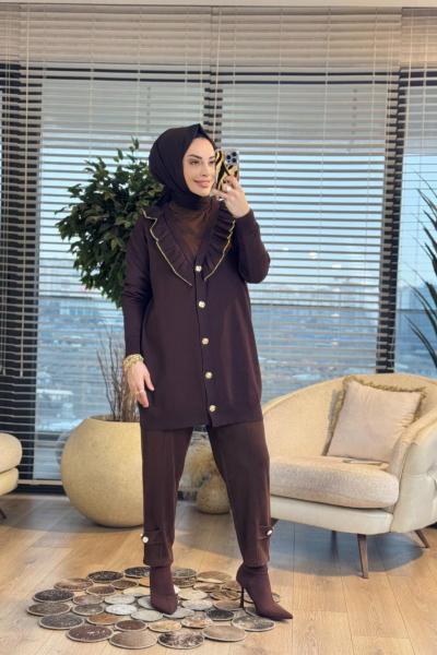 123 Yaka Kenarı Fırfır Detaylı V Yaka Hırka Kahve