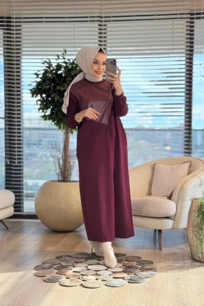 12656 Deri Parçalı Fermuar Detaylı Elbise Bordo