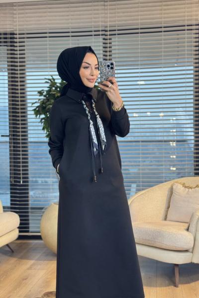 12669 Fularlı Patı Düğmeli Elbise Siyah