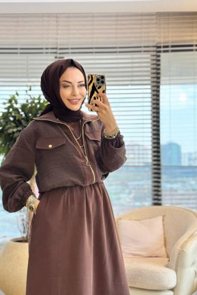 12677 Elbise Gofre Kumaş Ceket 2li Takım Kahve