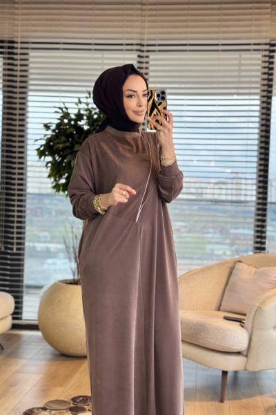 12686 Önü Fermuar Detaylı Elbise Kahve