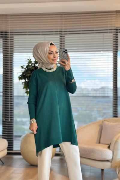 127 Kolları Lastik Örgü Triko Tunik Zümrüt