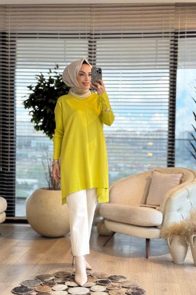 127 Kolları Lastik Örgü Triko Tunik Yağ Yeşili
