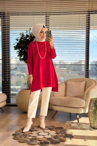 127 Kolları Lastik Örgü Triko Tunik Kırmızı