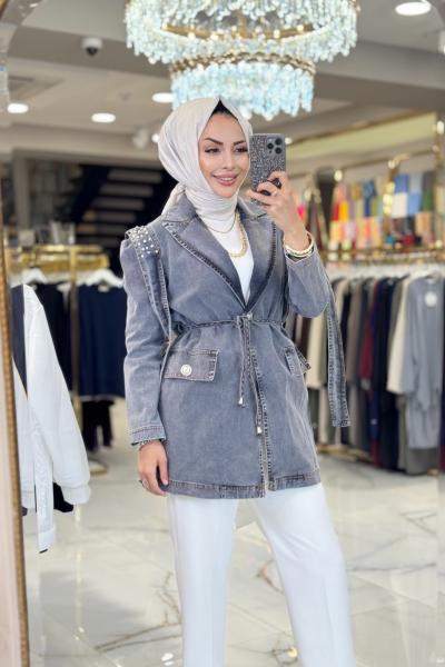 128500 Omuzları Taş Detaylı Kot Ceket Siyah