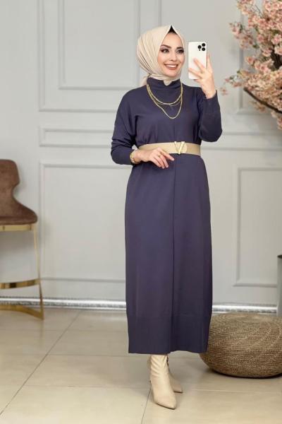 130 Önü Boyuna Çizgi Detaylı Triko Elbise Antrasit