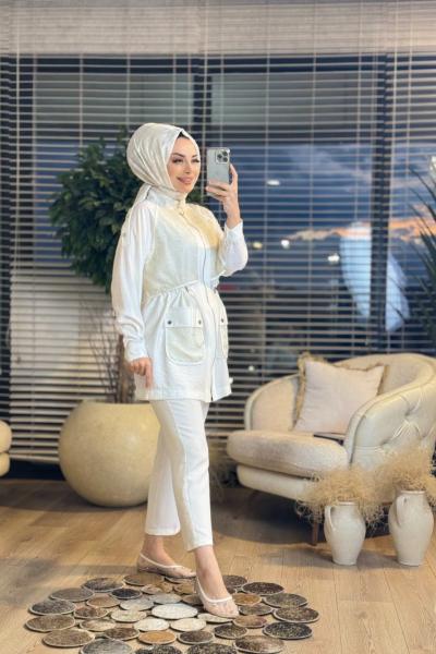 1332 Ön File Parçalı Kısa Kap Ekru