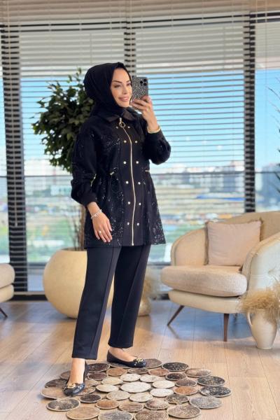 1391 File Üstü Kordon Nakışlı Takım Siyah