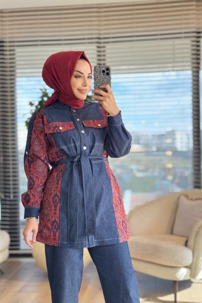 1397 Tencel Kol Ve Yanları Desenli Takım Lacivert Kırmızı