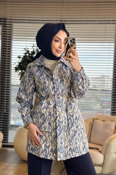 14-1191 Kabartma Desenli Cebi Taşlı Ceket İndigo