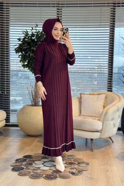 140 Etek Kol Ucu Sutaşlı Triko Elbise Bordo