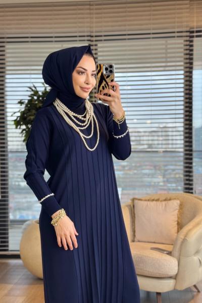 140 Etek Kol Ucu Sutaşlı Triko Elbise Lacivert