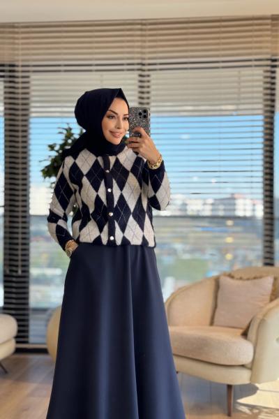 140509 Baklava Desen Kısa Hırka Lacivert