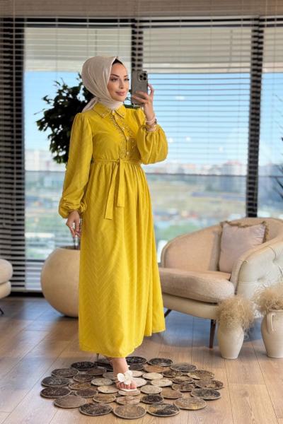 1412 Şifon Zikzak Desenli Patı Taşlı Elbise Yağ Yeşili