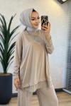 14352 Etek Ucu Tül Ve Parçalı Uzun Bluzlu Takım Bej